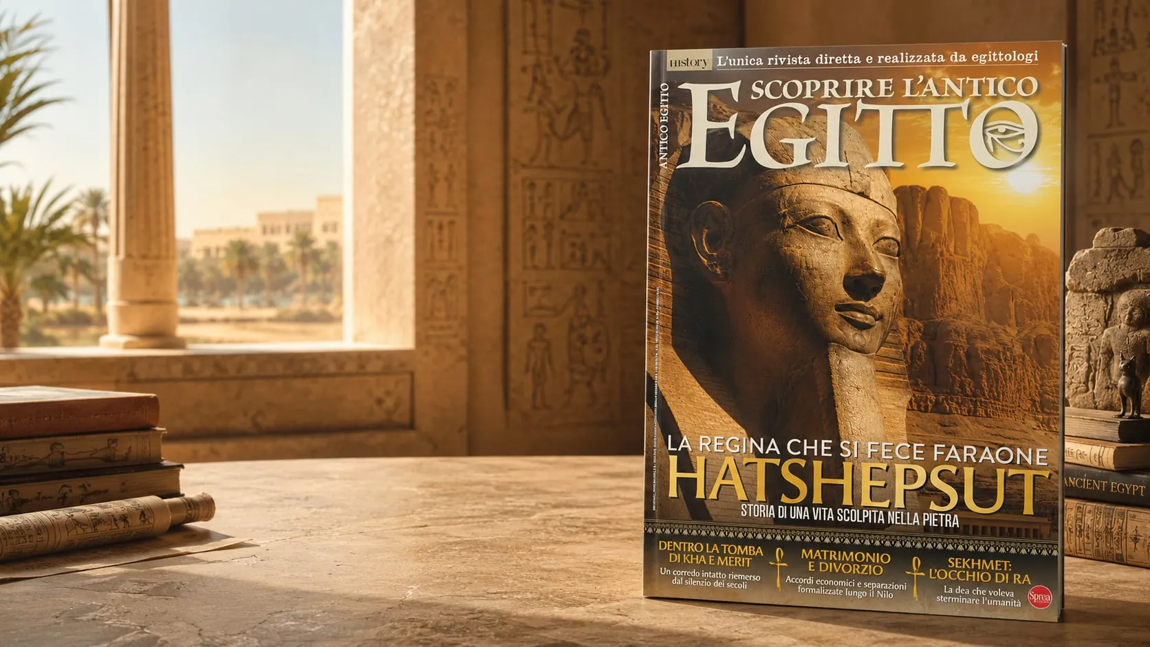 La rivista Scoprire l’Antico Egitto in un ambiente editoriale ispirato a un museo