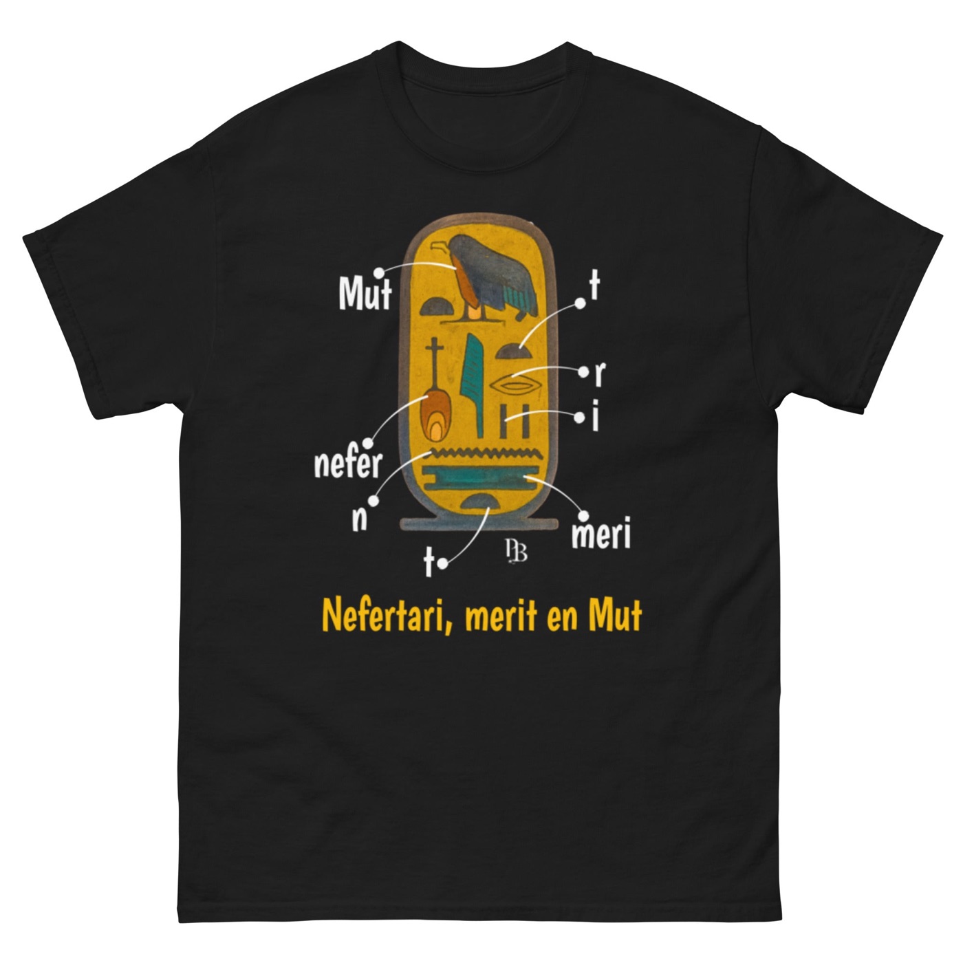 T-shirt nera dedicata a Nefertari con i segni geroglifici del suo nome