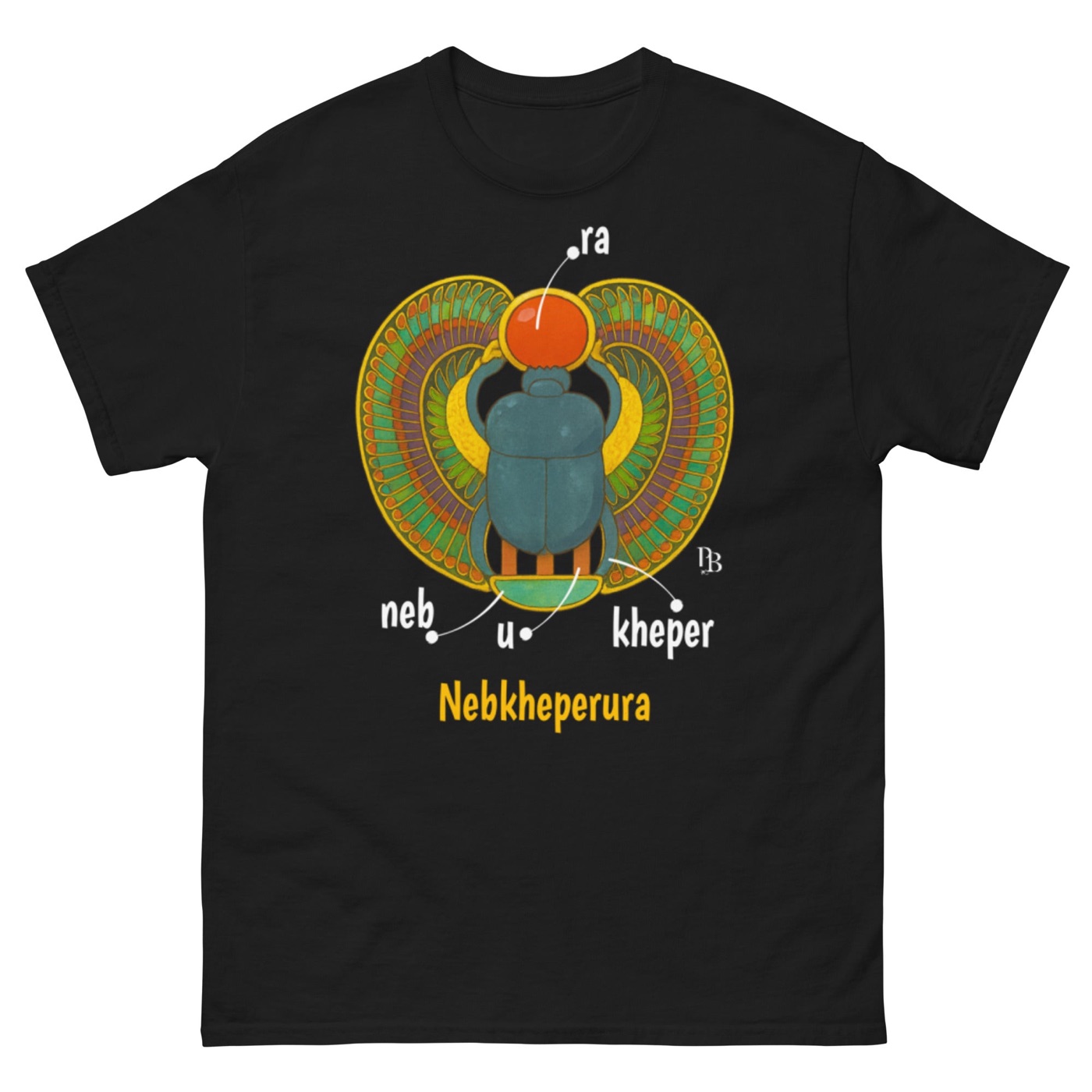 T-shirt nera dedicata a Tutankhamon con scarabeo e segni del prenome Nebkheperura